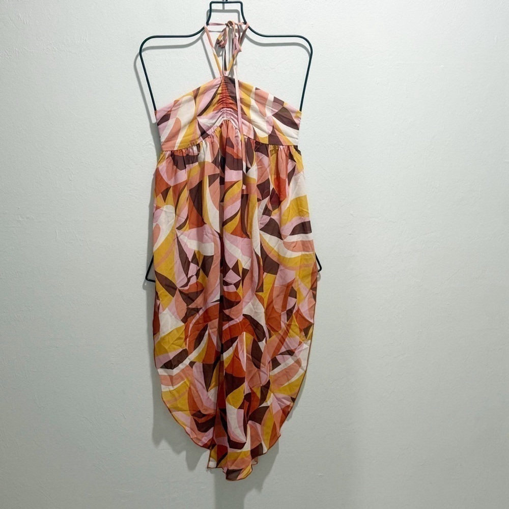 New CIDER Women’s Orange Multicolor Chiffon Halter Top Long Front Size XXS